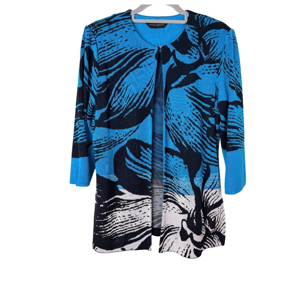 Ming Wang Knit Open Front Cardigan Blue Abstract Pattern Office Chic Classic M
